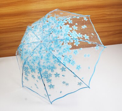 Fortykning gennemsigtig tre gange regn paraply japansk kirsebærblomst plast pvc klar falbala paraplyer kvinder parapluie: Blå