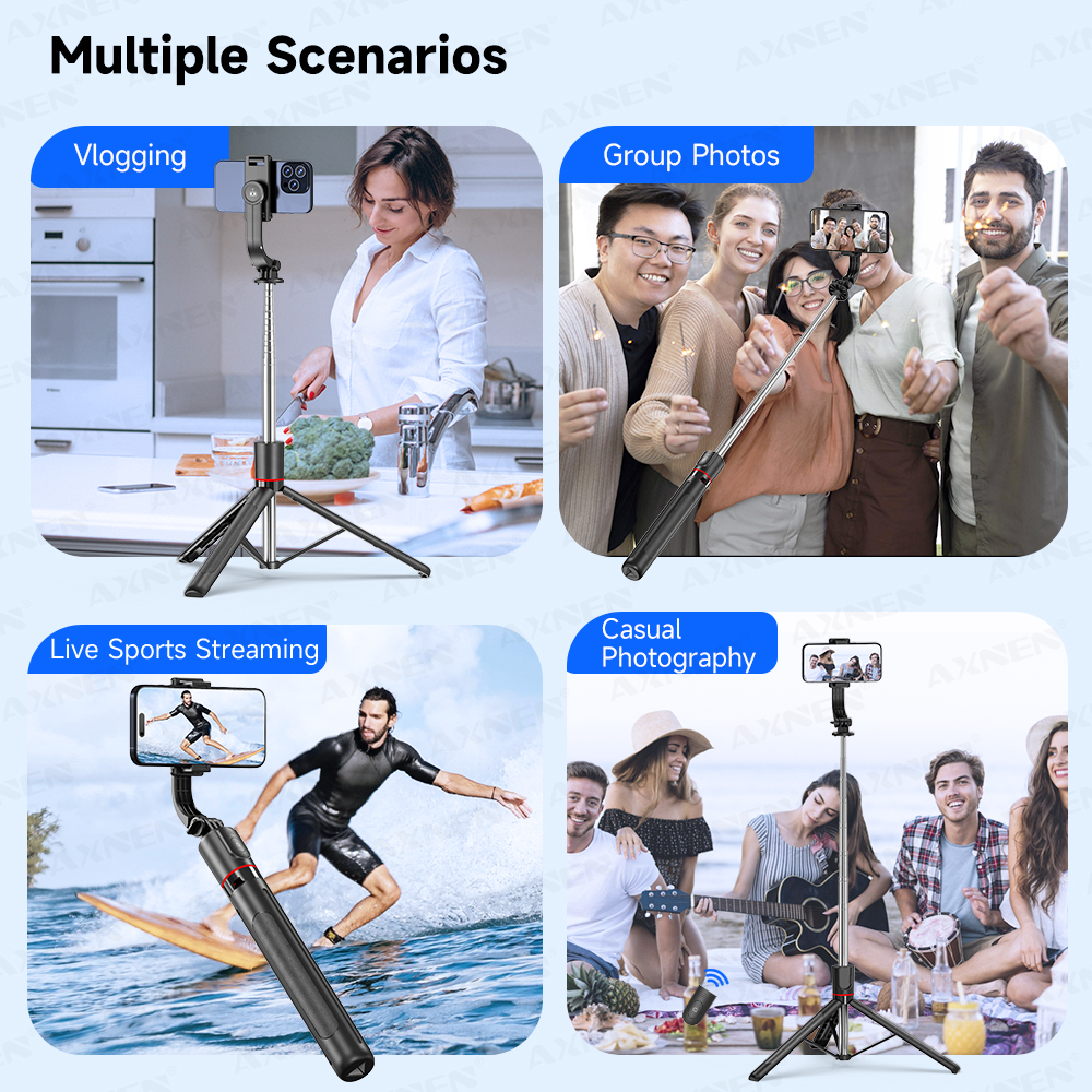 Trípode/palo selfie F15 con control remoto Bluetooth, poste extensible de 6 secciones, 360 ° Rotación, opción de luz de relleno, para teléfono Vlog