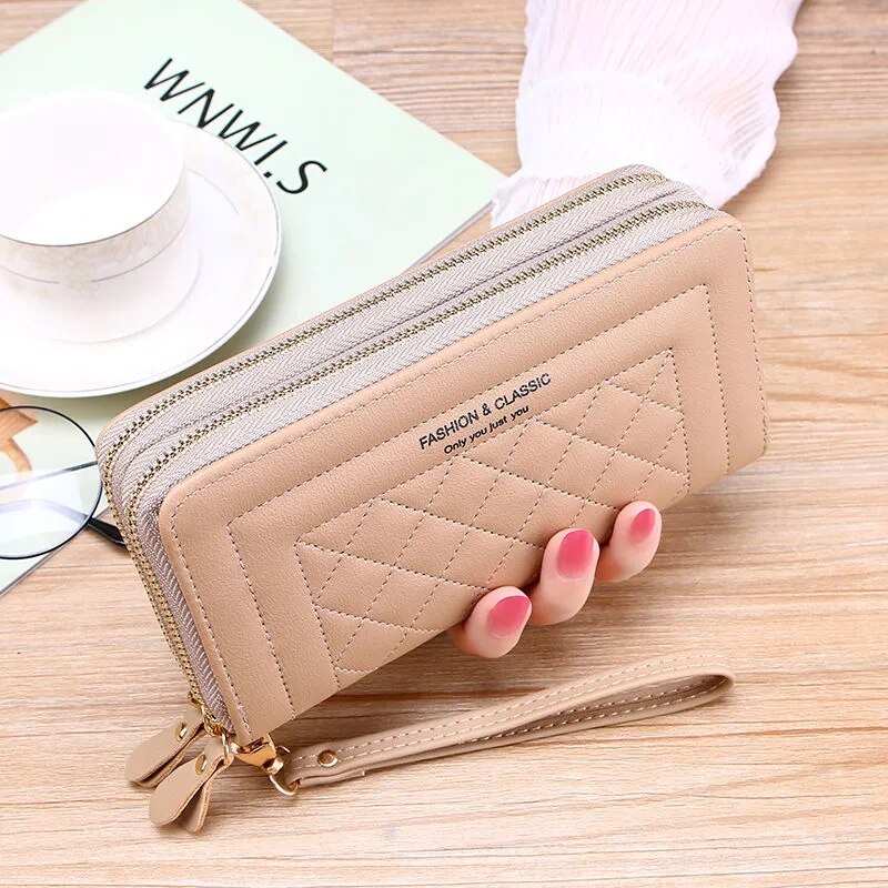 Podwójny długi portfel z zamkiem dla kobiet duża pojemność wysokiej jakości Pu skórzane portfele saszetka typu Clutch torebka Carteras Para Mujer: Double zipper khaki