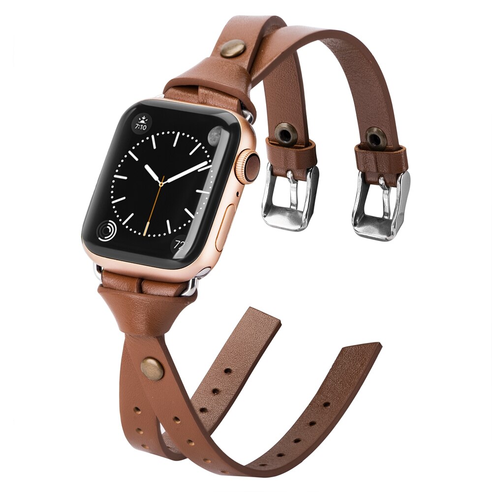 Toyouths dobbel skinnrem for apple watch serie 5 4 3 2 1 stropp for iwatch chic kvinner menn skinn 38mm/40mm /42mm/44mm: Lysebrun / 38mm 40mm
