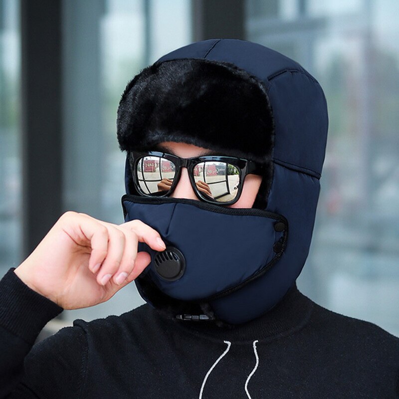 Vinter varm hætte vindtæt hat med åndedrætsventil cykling vindtæt høreværn ansigtsbeskyttelse hovedbeklædning med aftagelig maske: Mørkeblå