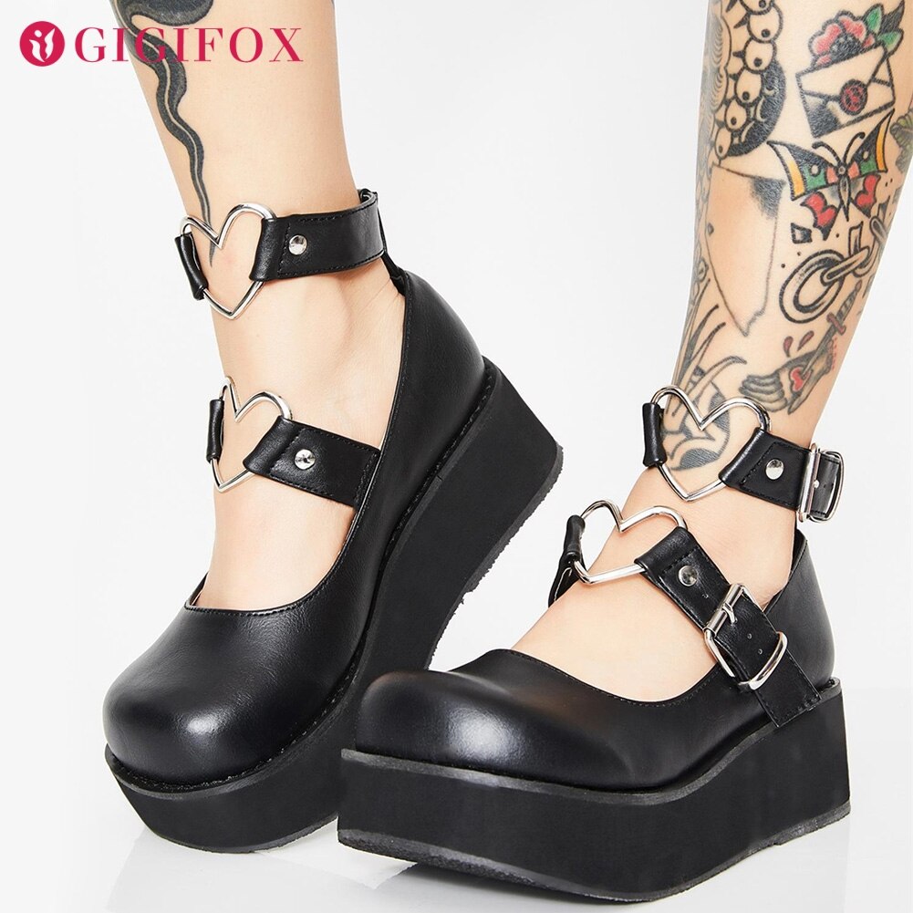 Zapatos planos Mary Janes para mujer, zapatillas femeninas de estilo gótico, con plataforma decorativa en forma de corazón rosa y negro, talla grande 43,: 10