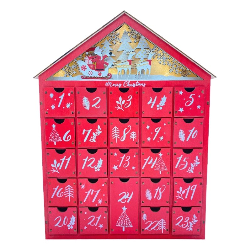 Snowy Village Christmas Red Wooden Advent Calendar House with LED Light Drawer