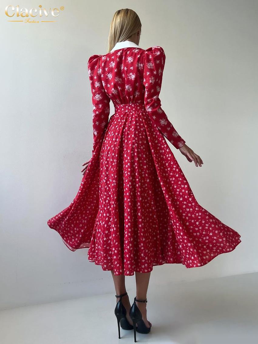 Clacive løs print damekjole vintage revers langærmet ankellange kjoler højtaljet plisseret damekjole