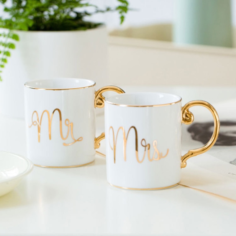 Tasse à café en porcelaine de 350ml, en céramique, couleurs grises, roses, Mr et Mrs, motif blanc, poignée dorée, tasses à thé et lait,