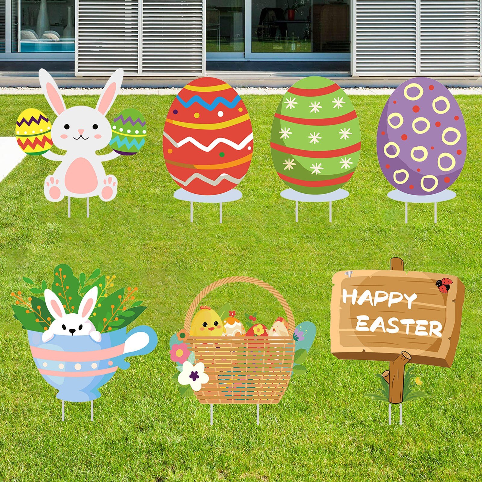 7 Pcs Easter Day Decorations Outdoor Garden Lawn Yard Sign With Stakes Happy Easter Day Garden Decoration Lawn Yard