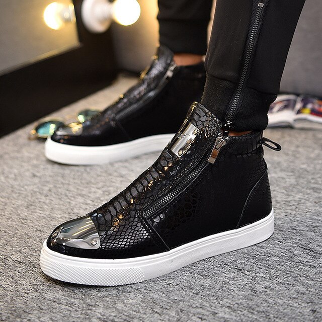 Mens Snake skin Grain Boots Zipper Casual Outdoor High-Top Shoes Man Metal Toe Boots Men's Slip-On Party Driving Boot: Black / 8.5