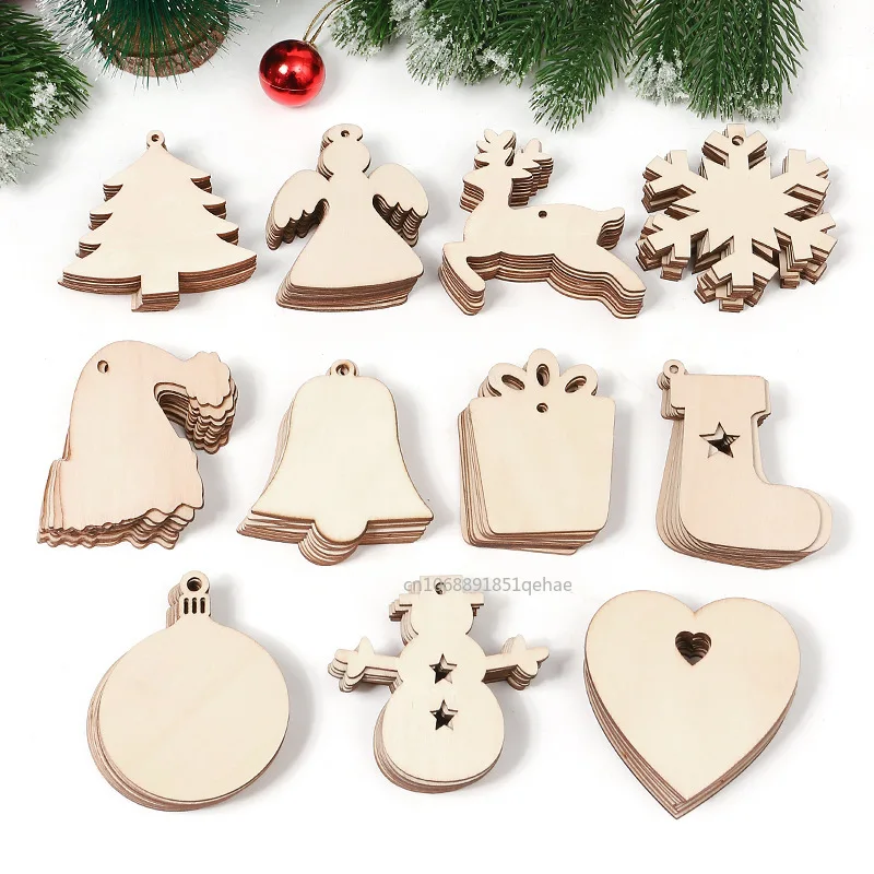 100-10PCS Christmas Wooden Ornaments Unfinished DIY Christmas Crafts for Xmas Tree Pendant Ornaments Navidad Year Decor