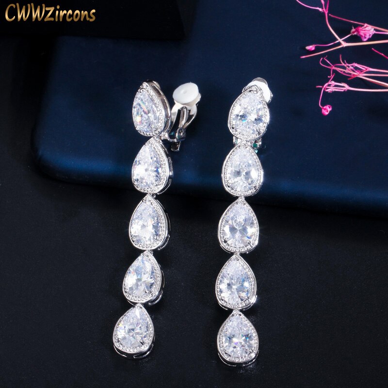 CWWZircons Non Piercing Ear Long Dangle CZ Crystal Clip On Earrings No Pierced Women Wedding Party Costume Jewelry CZ713
