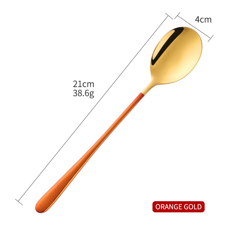 1PCS Korea Spoon Stainless Steel Soup Spoon Long Handle Gold Dessert Spoons Round Dinner Spoon Set Tableware Set: Orange Gold