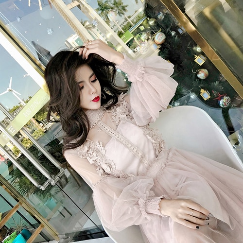 Women Dress Stand Collar Lantern Sleeve Mesh Dress See-through Lace Embroidery Fairy Dress Femme Vestidos Robe