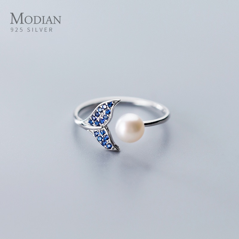 Modian Blau Kristall Meerjungfrau Schwanz Elegante Perle Offene Einstellbare Ring für Frauen Echt 925 Sterling Silber Ebene Ring Edlen Schmuck