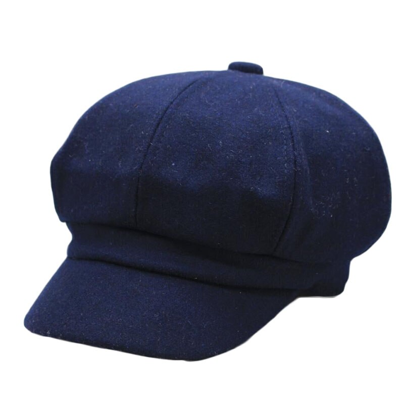 Mulheres Lã quente Chapéu Boina Estilo Britânico Retro Cor Sólida Tampa Octogonal Cap Pintor Jornaleiro Caps Chapéus de Inverno Feminino Grosso Quente viseira: navy