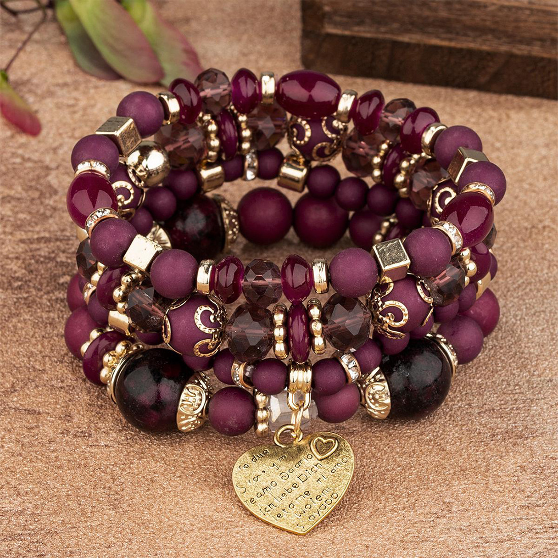 Conjunto de pulsera de corazón de árbol de la vida para mujer, cadena de cuentas de cristal acrílico, brazalete elástico, joyería de de femenina, 4 Uds.