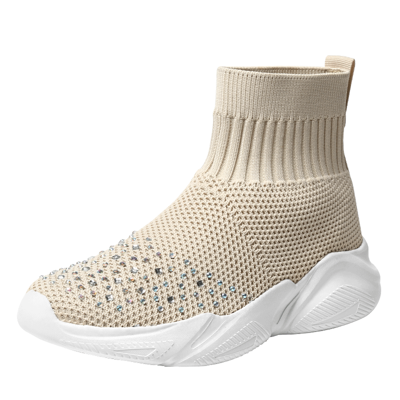 Vrouw Platform Schoenen Mode Sneakers Zachte Hak Vrouw Casual Schoenen High-Top Gebreide Vrouw Leisure Enkelsok Stof Mesh flats: Beige / 7.5