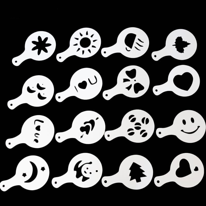 16 Pcs Coffee Cappuccino Art Stencils DIY Coffee Stencils Cake Duster Templates Coffee Tools Flowers Pad Duster Coffee Decor