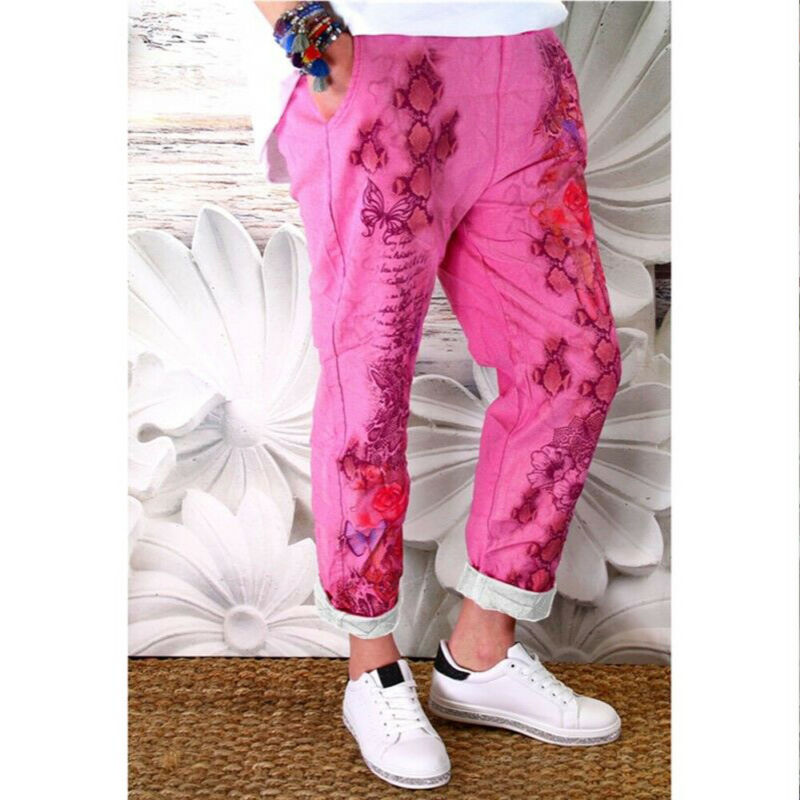 Women Elastic Floral Waist Pencil Stretch Skinny Drawstring Jeans Pants Trousers