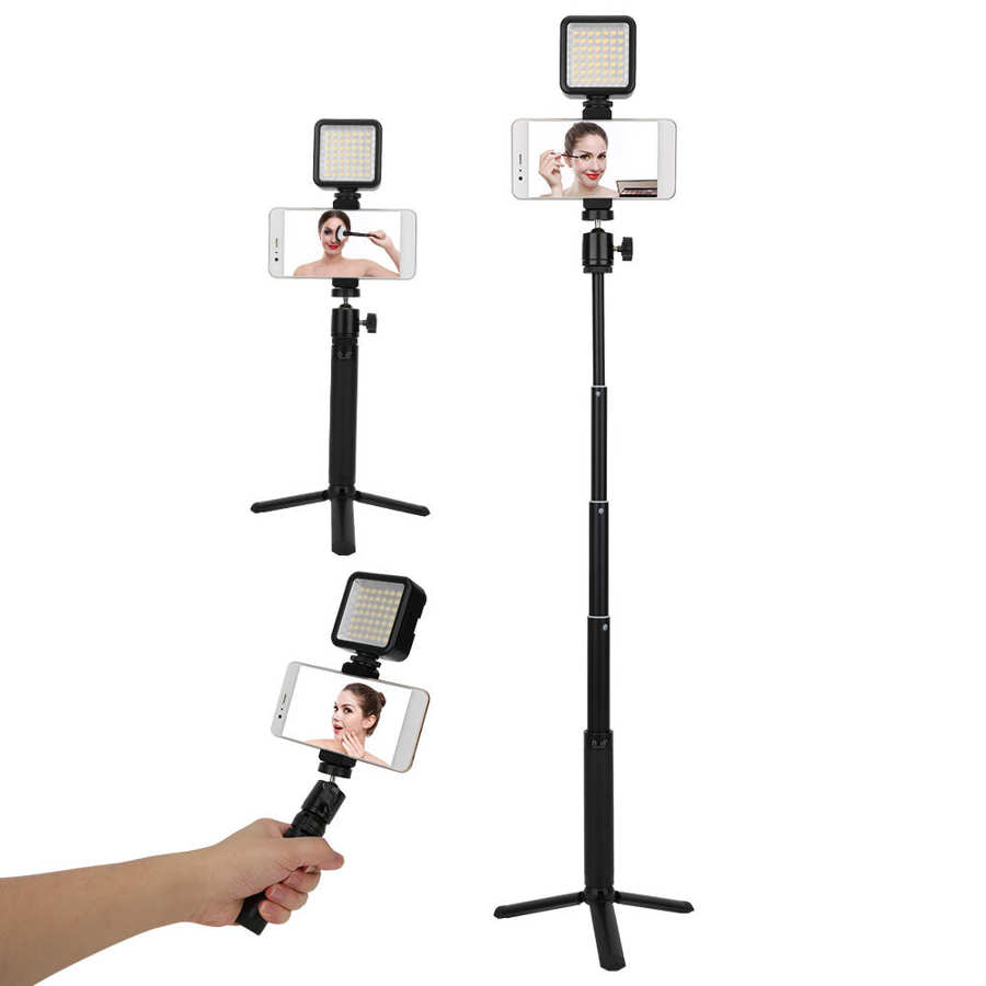 Mobile Phone Live Bracket Selfie Stick Desktop Extension Rod Tripod LED Light