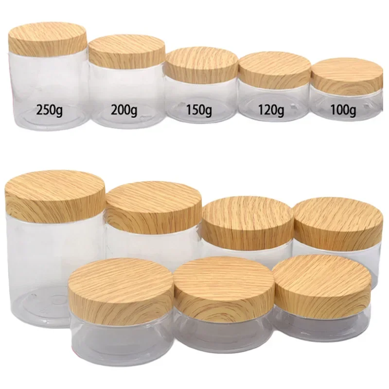 30 Stücke 100/120/150/200/250g Haustier Leere Kunststoffdose Nachahmung Holzmaserung Deckel Gesichtscreme Kosmetikbehälter Wiederverwendbare Nachfüllbare Gläser