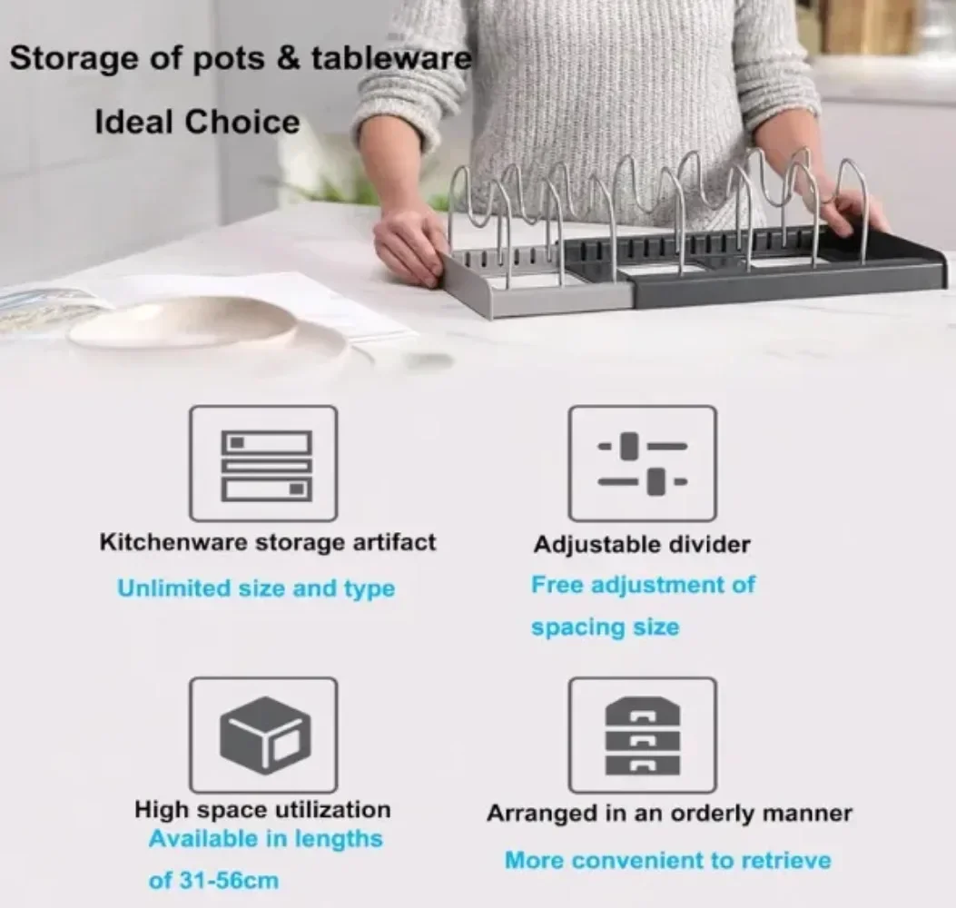 Organizadores expandibles para ollas y sartenes, soporte para estante, armario de cocina, despensa, utensilios para hornear, estante organizador con 6 compartimentos ajustables