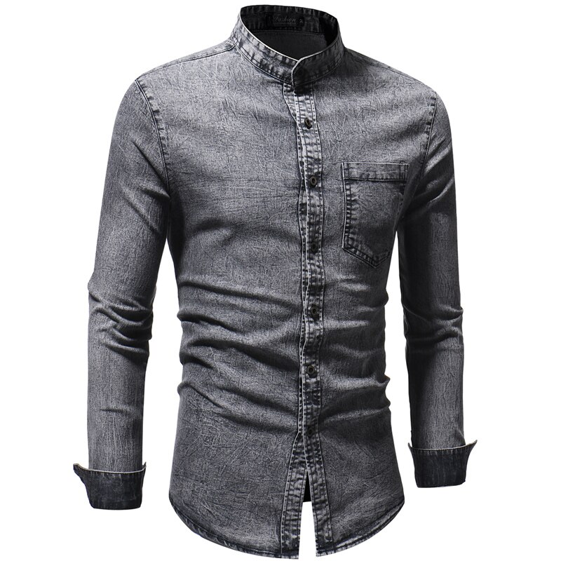Jeansskjortor för män koreansk tvättad jeansskjorta mandarinkrage långärmade fritidsskjortor tunna herrkläder  n5244