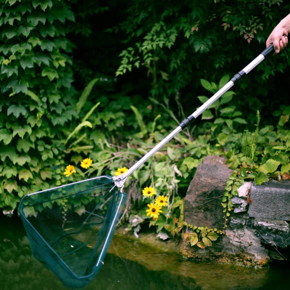 Aluminum Retractable Fish Net Fishing Landing Net Portable Triangular Brail Folding Fishing Net With Telescoping Pole Handle: Green net