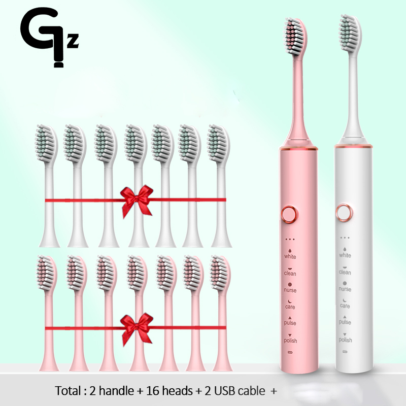 GeZhou-cepillo de dientes eléctrico sónico para niños, dispositivo de limpieza recargable IPX7, resistente al agua, 18 modos de viaje, 16 cabezales: N100white pink