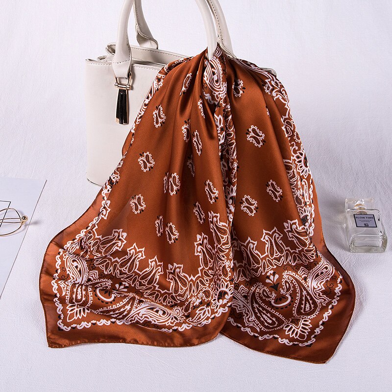 Women Imitation Silk Kerchief Scarves Print Square Neckerchief Office Lady Scarf Muffler Shawl Bag Clothes Accessories: Caramel