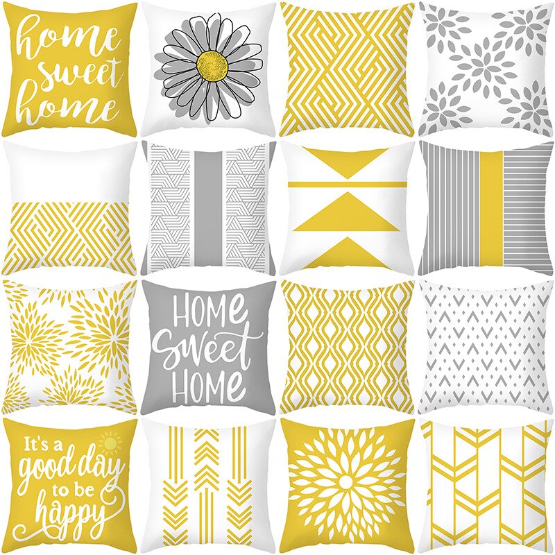 Housse de coussin carrée jaune à imprimé géométrique, taie d'oreiller de 45x45cm, de Style moderne, décorative pour la maison, avec des lettres marguerite à rayures