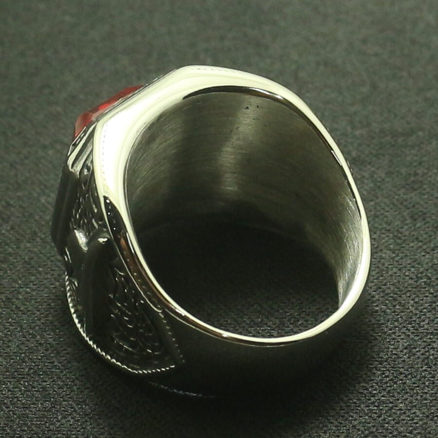 Men Boys 316L Stainless Steel Cool Big Red Stone Ring Great For Friend