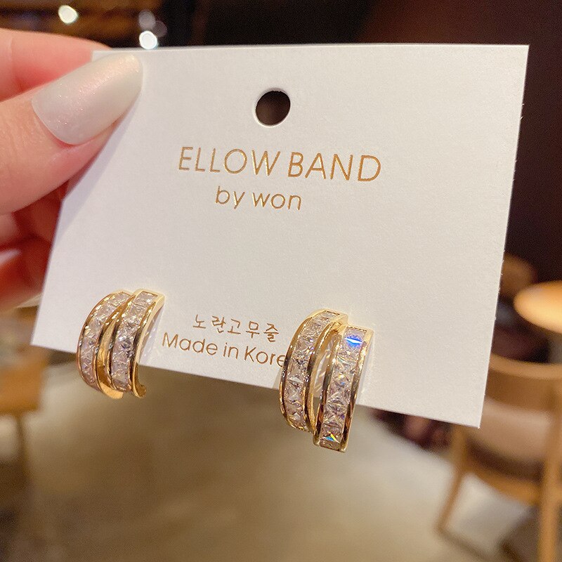 Luxury 14K Real Gold Zircon Circle Temperament Super Flash Stud Earrings for Women Cubic Zircon ZC Earrings