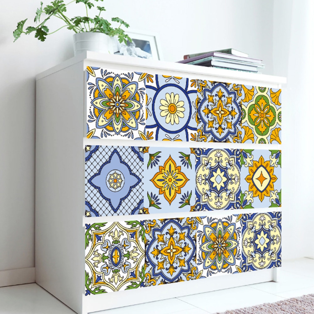 10 uds, pegatinas de azulejos Vintage, autoadhesivas, impermeables, mosaicos marroquíes, calcomanías de pared, estilo bohemio contemporáneo
