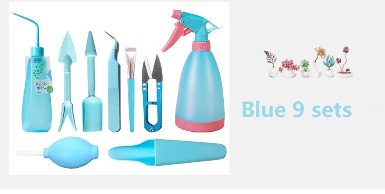 Bouteilles d'arrosage plantes miniatures | Mini ensemble d'outils à main de jardinage multifonctions plantes succulentes, outils de jardinage: Blue 9pcs