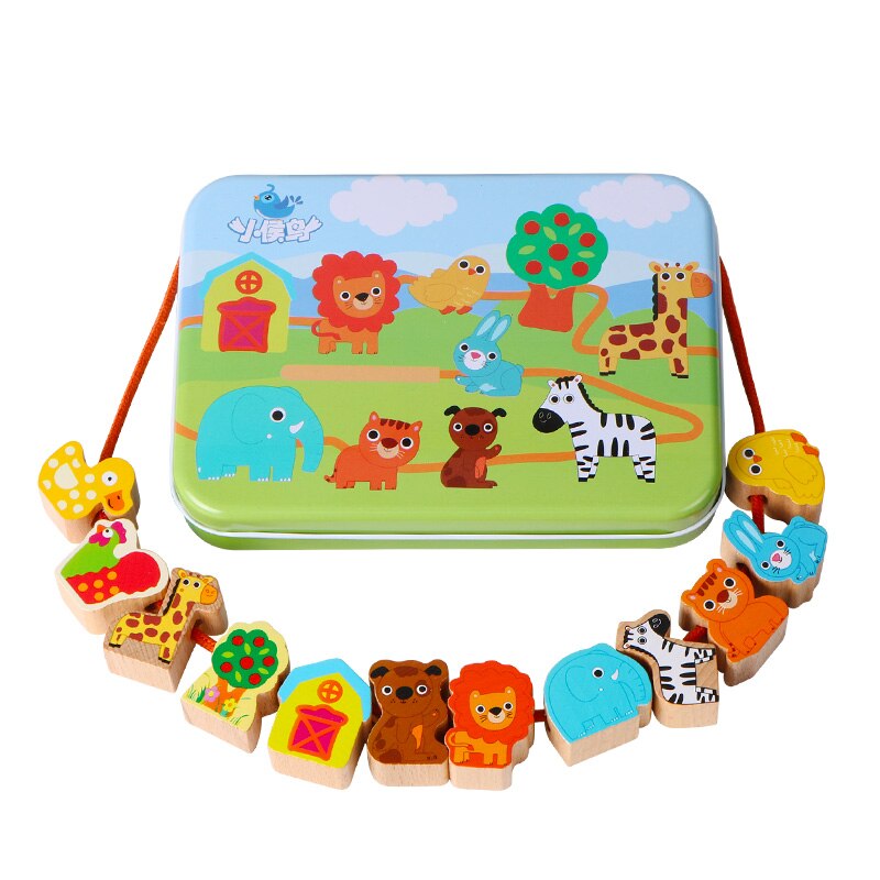 Wooden Baby Toys, DIY Toys, Animal Fruits, Thread, Pearls, Iron Box Packaging, Educational Toys