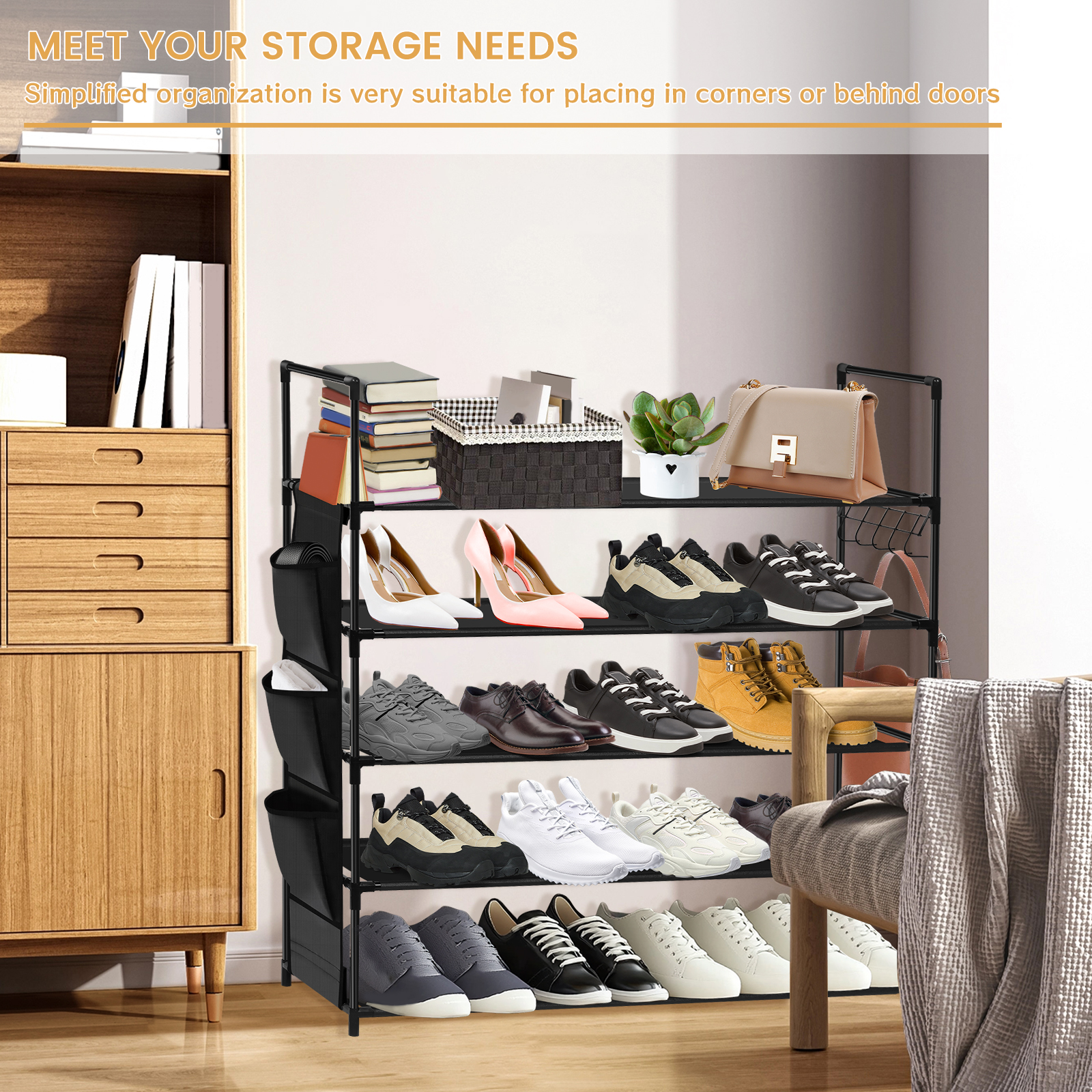 5 Tiers Shoe Rack Metal Shoe Cabinet Shelf with Si... – Grandado