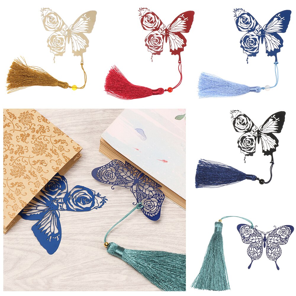 1PC Retro Brass Bookmark Tassel Pendant Butterfly Rose Book Clip Pagination Mark Stationery Student Cartoon Metal Bookmark