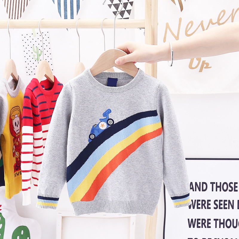 3-7t småbørn dreng dreng sweater vinter varm strikket pullover top langærmet regnbue bil print sweater sødt outfit