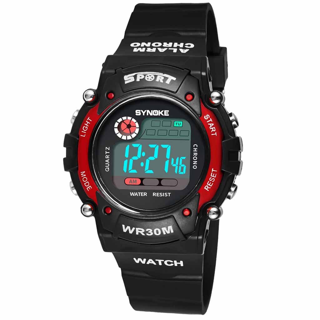 Digitale Horloge Voor Kinderen Wekker 30M Waterdichte Led Lichtgevende Sport Horloge Roestvrij Stalen Gesp Plastic Band Horloge: Red