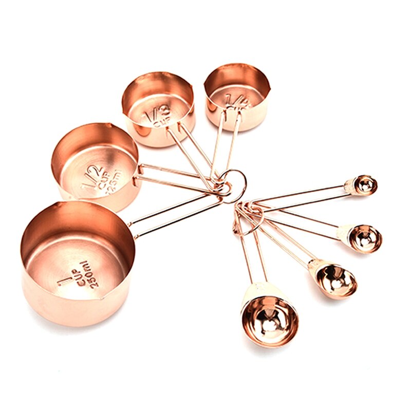 Rose Gold Stainless Steel Measuring Cups And Spoons Set Of 8/4 Engraved Measurements,Pouring Spouts & Mirror Polished For Baking