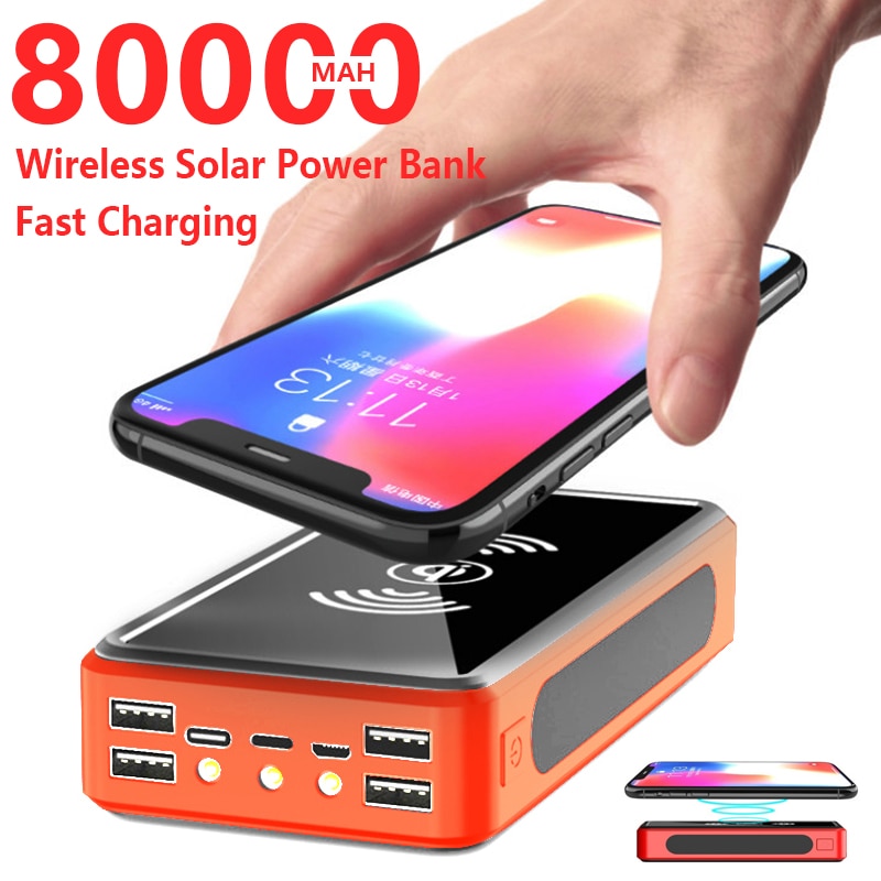 80000Mah Draadloze Power Bank Batterij Solar Opladen Panel 4USB Grote Capaciteit Draagbare Oplader Powerbank Voor Iphone Xiaomi