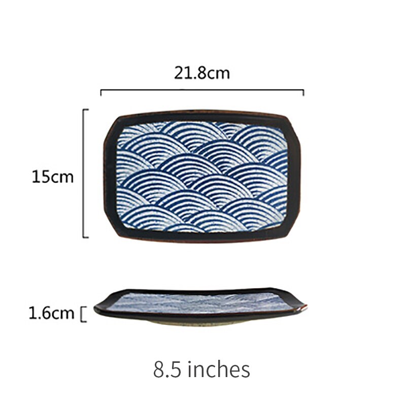 Blue wave pattern Ceramic plate Western tableware Steak dish porcelain plate Home kitchen rectangle square serving platter: 8.5 inches1