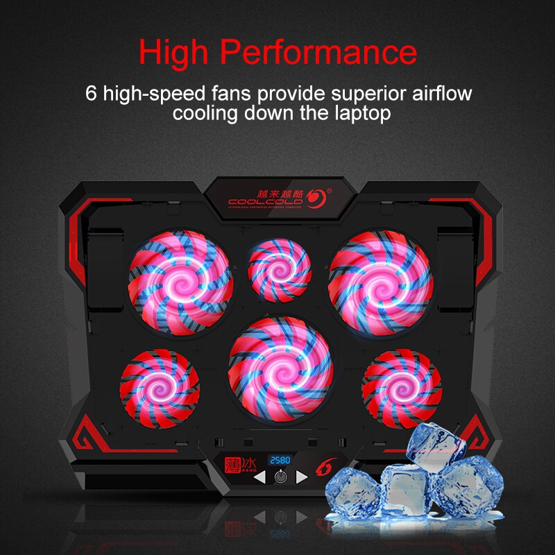 Gaming Laptop Cooler Notebook Cooling Pad 6 Silent LED Display Fans Powerful Air Flow Portable Adjustable Laptop Stand Aircooler