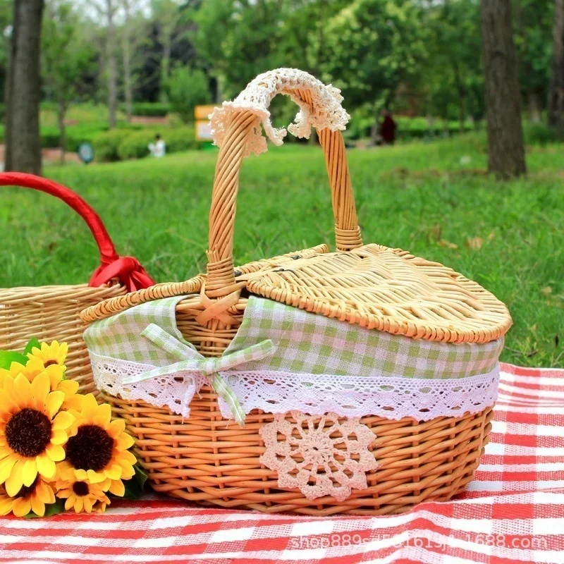Cestas de frutas para Picnic y acampada, organizador de alimentos, cesta grande hecha a mano, asa de mano de mimbre Retro, cesto de almacenamiento tejido de sauce para exteriores: green
