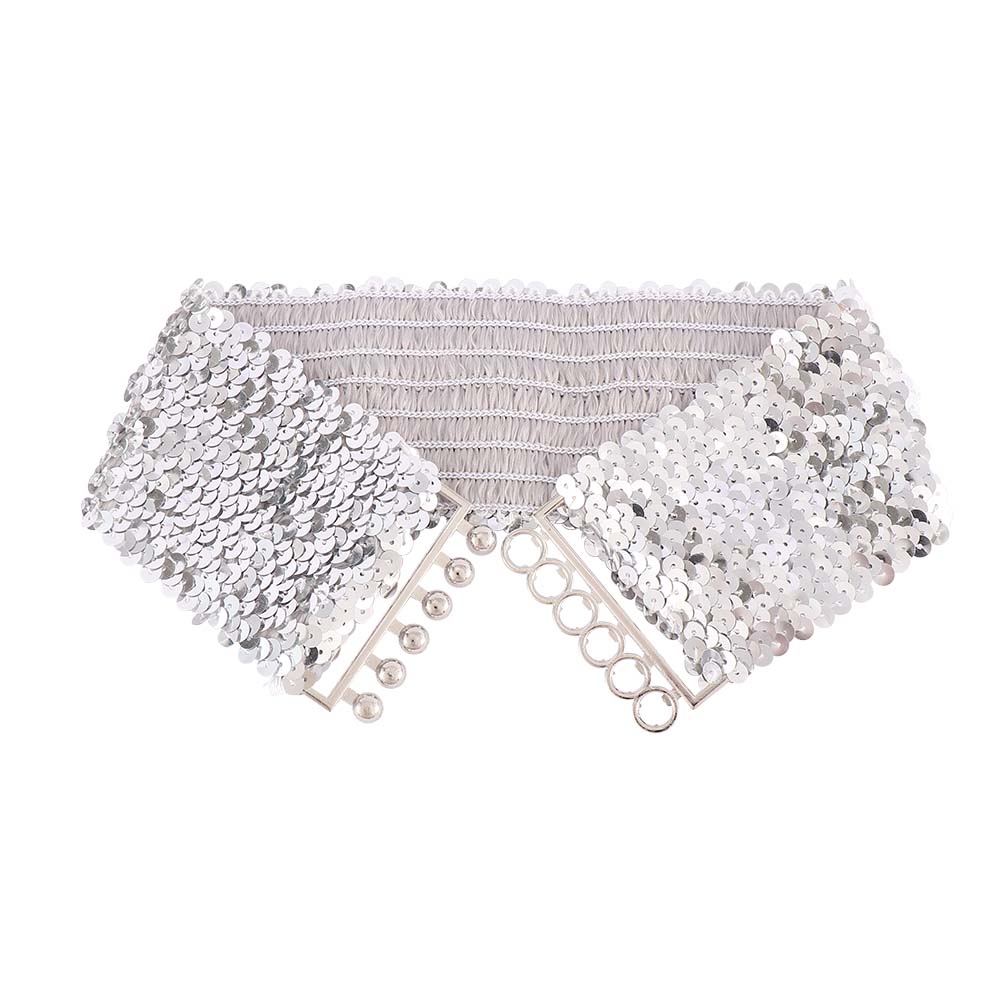 Damer midjebånd sjarmer kvinner elastisk paljett mage midje belte casual stretch belte spenne korsett brede midje belter: Sølv