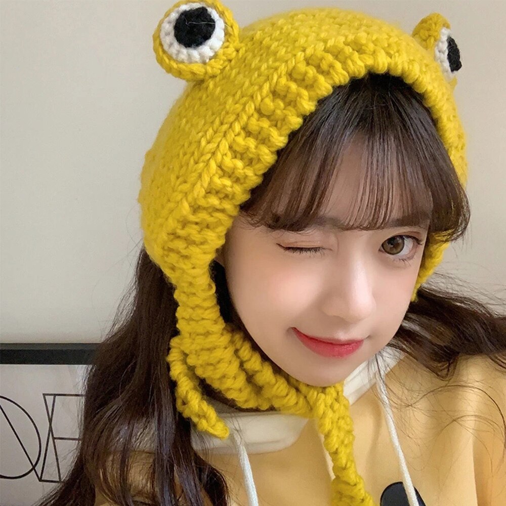 Winter skullies schattige vrouwen kikker hoed haak gebreide muts kostuum muts mutsen pet vrouwen hiphop pet fotografie rekwisiet feest