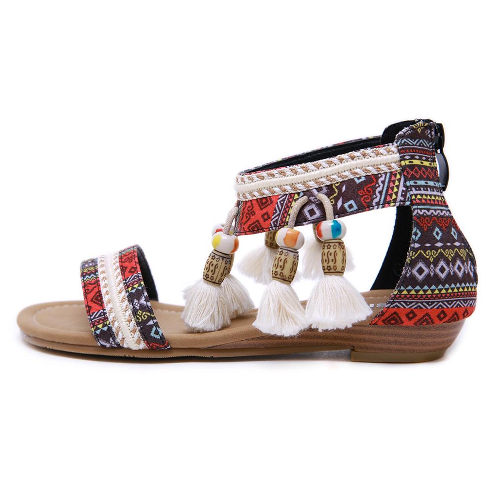 CEYANEAO kobiet czeski Boho sandały etniczne Totem Fringe Tassel ciąg koralik etniczne sandały klinowe HeelCasual płaskie buty Plus rozmiar