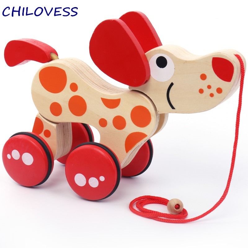 1 pcs Houten dier Pull auto wiel speelgoed Canine Puppy hond puzzel peuter baby wandelen staarten kwispelen klim speelgoed voor peuter