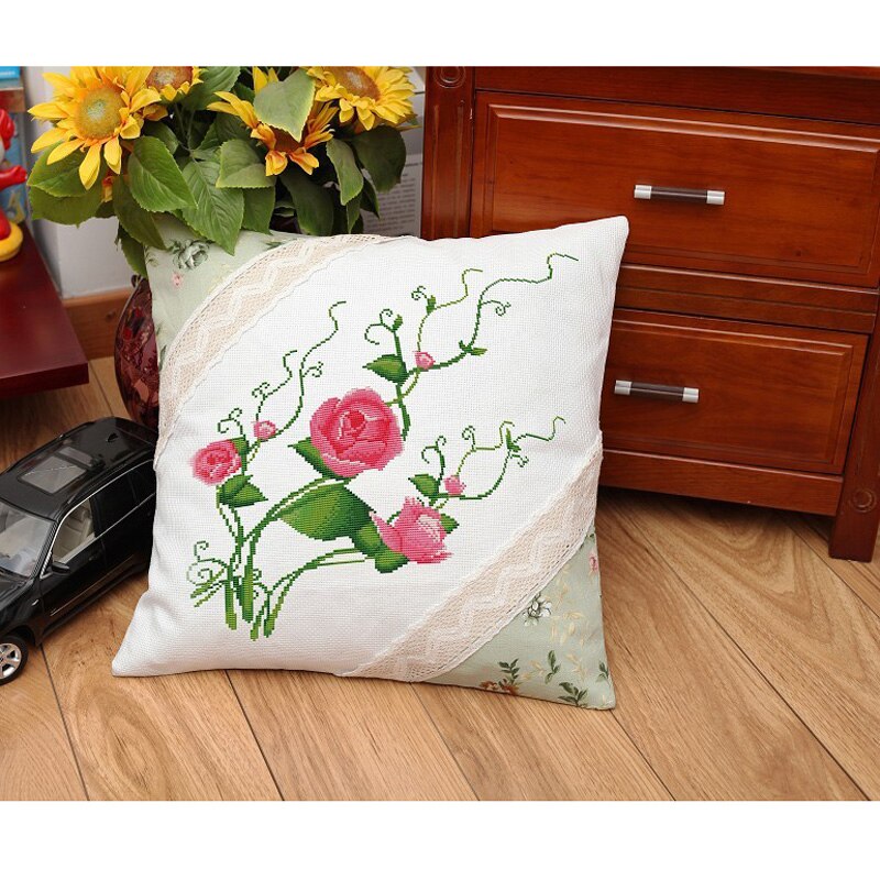 Kit de bordado artesanal de flores rosas, funda de almohada de hilo acrílico, tapiz de lona, Fundas de cojín de costura,