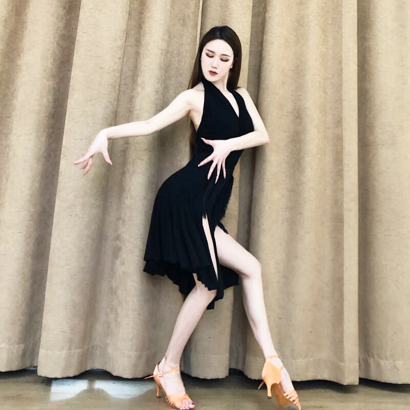 Latin Dance Skirt Women Cha Cha Rumba Samba Dancing Wear Black Tassel Fringe Split Dancing Skirts Practice Clothes DNV12683