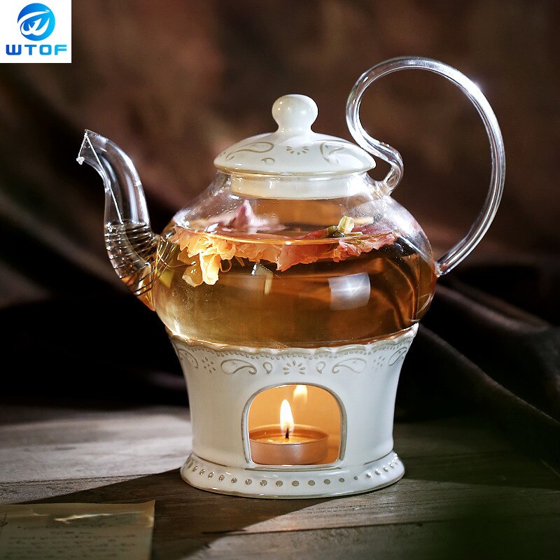 Théière en céramique avec crépine Vintage porcelaine britannique théière et ensemble de tasses bougie chauffage verre tasses à café décoration de la maison: F